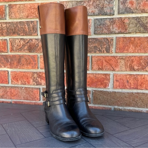 NWOT Bandolino Carlotta Riding Boots Leather Size 5M Black Cognac Zipper - Picture 3 of 12